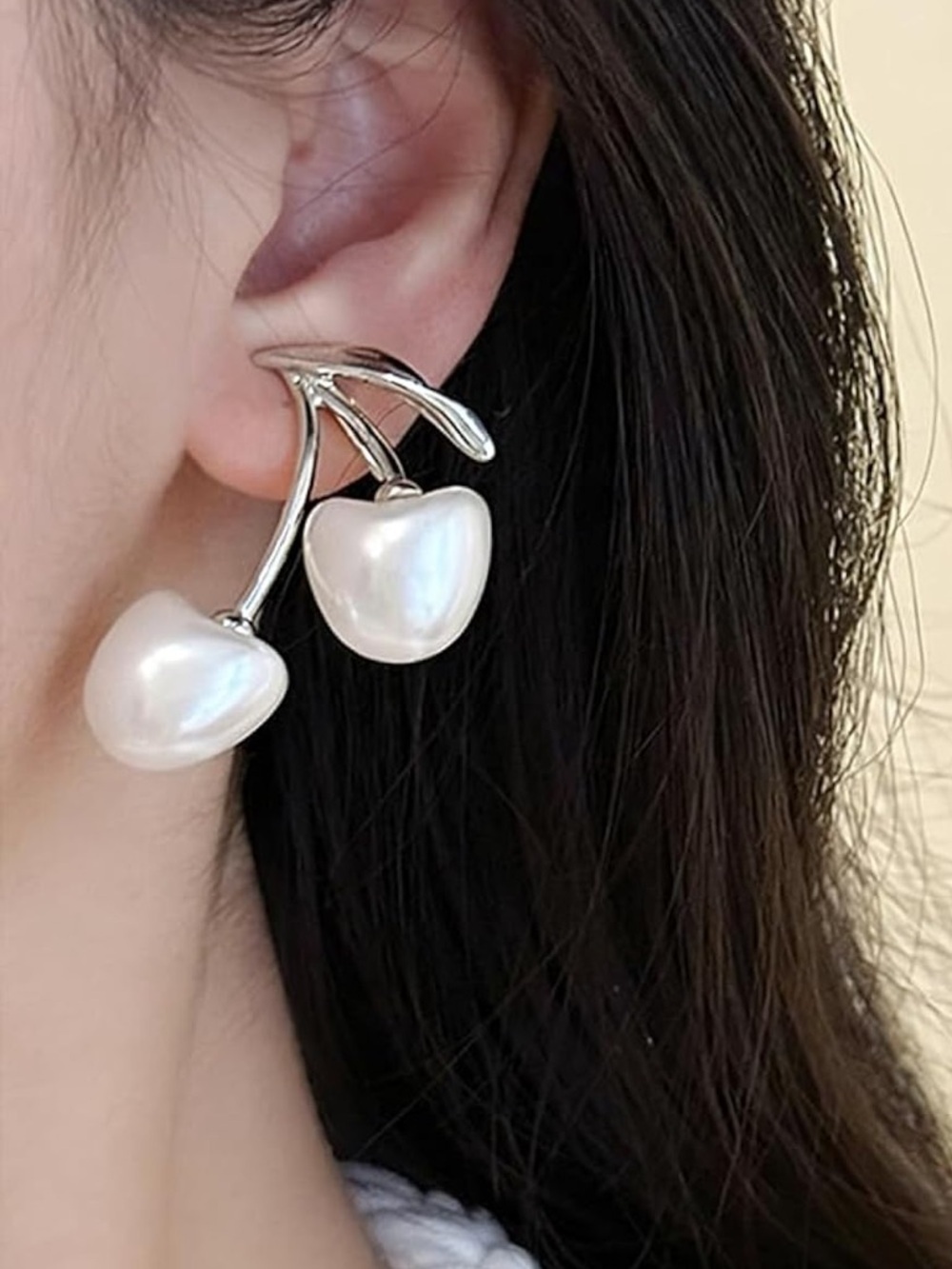 Anthropologie Silver-Tone Pearl Cherry Drop Earrings - Picture 4 of 5